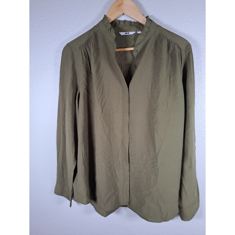 Uniqlo Womens Olive Green Ruffle Neck Long Sleeve Blouse Size L 475671